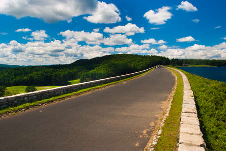 Clear day at Quabbin reservoir and water works Massachusettsの写真素材