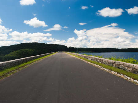 Clear day at Quabbin reservoir and water works Massachusettsの写真素材