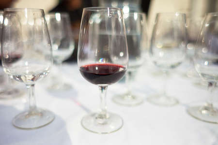 Wine glasses at a wine tasting, Franschhoek, South Africaの写真素材