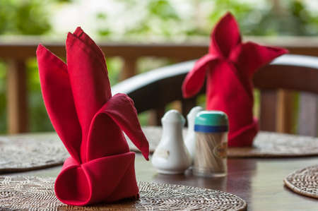 Folded napkins outdoors on a table in the tropicsの写真素材