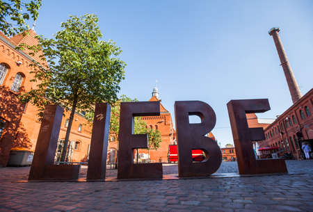 BERLIN - June 6: LIEBE ("Love") sign at the Kulturbrauerei on June 6, 2016 in Berlin.のeditorial素材