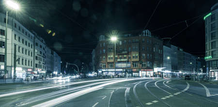 BERLIN - October 8, 2016: Traffic moves through Rosenthaler Platz (Rosenthal Square) in Berlin on the night of October 8, 2016.のeditorial素材