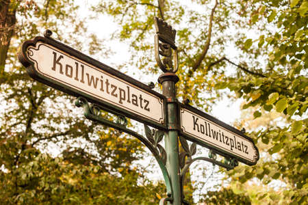 Kollwitzplatz (Kollwitz Square) sign in Berlin's Prenzlauer Berg neighborhoodの写真素材