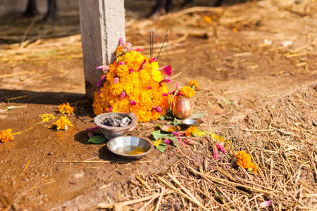 An offering of flowers during Tihar festival in Nepalの写真素材
