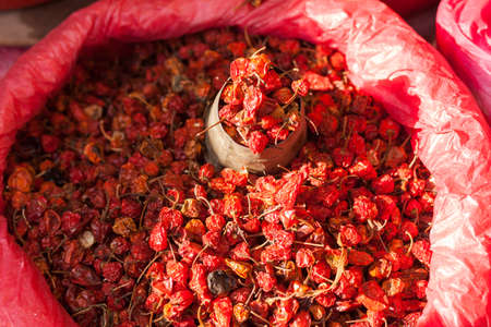 Dried peppers at a market in Nepalの写真素材