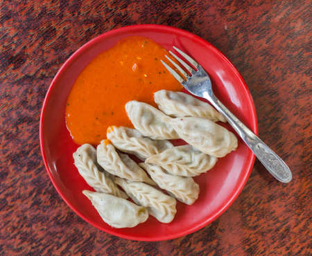 Vegetarian Tibetan Momo dumplings in Nepalの写真素材