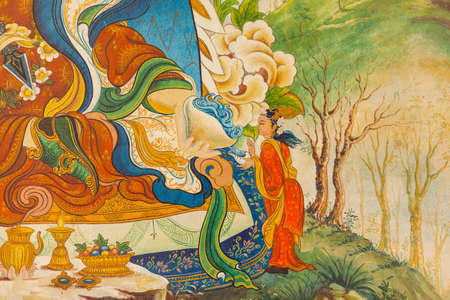 Brightly painted details at the Drigung Kagyud Lotus Stupa (German Temple), Lumbini, Nepalのeditorial素材