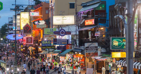 BANGKOK - MAY 14: Tourists and street vendors at Bangkok's backpacker hotspot Khao San Road on May 14, 2017.のeditorial素材