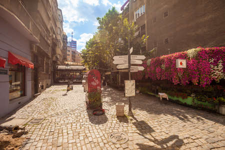 BELGRADE, Serbia - 4 Sept: Tourists enjoy the cafes of Skandarlija (Skandarska), Belgrade's bohemian quarter, on 4 Sept 2017.のeditorial素材