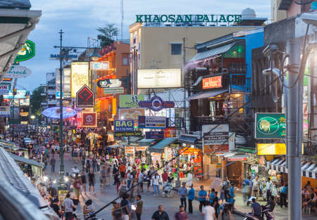 BANGKOK - MAY 14: Tourists and street vendors at Bangkok's backpacker hotspot Khao San Road on May 14, 2017.のeditorial素材