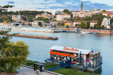 BELGRADE, Serbia - 4 Sept: The Zappa Barka nightclub-barge (splav) lies moored on the Sava River, 4 Sept 2017 in Belgrade.のeditorial素材