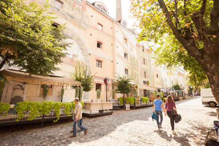 BELGRADE, Serbia - 4 Sept: Tourists enjoy the cafes of Skandarlija (Skandarska), Belgrade's bohemian quarter, on 4 Sept 2017.のeditorial素材