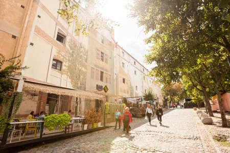BELGRADE, Serbia - 4 Sept: Tourists enjoy the cafes of Skandarlija (Skandarska), Belgrade's bohemian quarter, on 4 Sept 2017.のeditorial素材