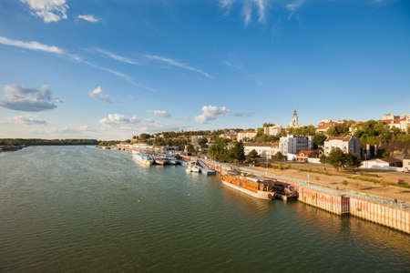 River boats and barges (splavs) along the Sava River, Belgrade, Serbiaの写真素材