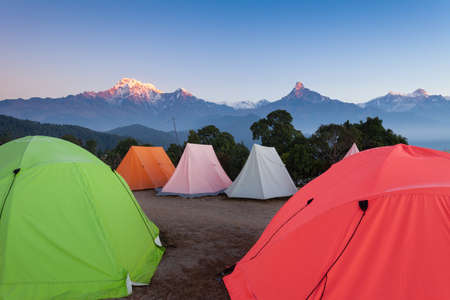 Tents set up for group camping in the Annapurna Region, Nepalの写真素材