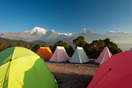 Tents set up for group camping in the Annapurna Region, Nepalの写真素材