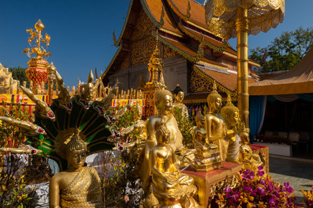 Golden temple and statues at Wat Doi Suthep, Chiang Maiの写真素材