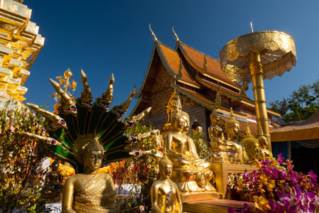 Golden temple and statues at Wat Doi Suthep, Chiang Maiの写真素材