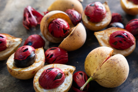 Nutmeg fruits with red mace after harvesting, Banda Islandsの写真素材