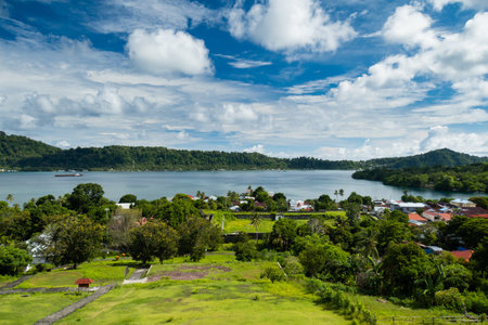 View over Banda Neira town, Banda Islands, Indonesiaの写真素材