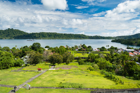 View over Banda Neira town, Banda Islands, Indonesiaの写真素材