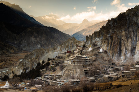 Mountains and Bhraka (Braga) Gompa monastery, Nepalの写真素材