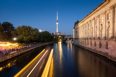 Berlin's River Spree and TV tower at sunsetの写真素材