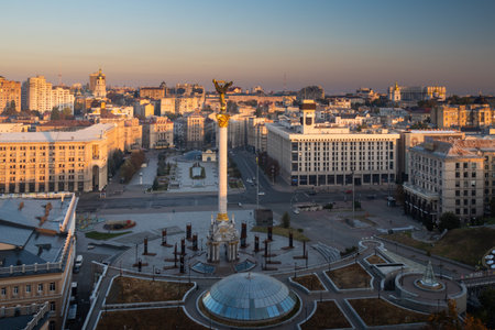 View over Maidan Square at sunset, Kyiv, Ukraineの写真素材