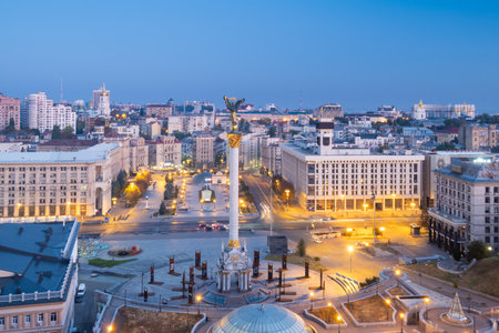 View over Maidan Square at sunset, Kyiv, Ukraineの写真素材