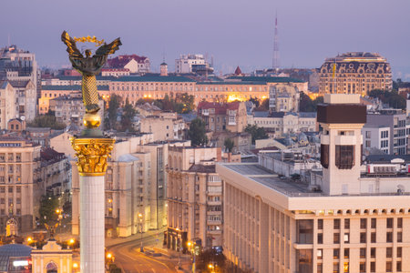 View over Maidan Square at sunset, Kyiv, Ukraineの写真素材
