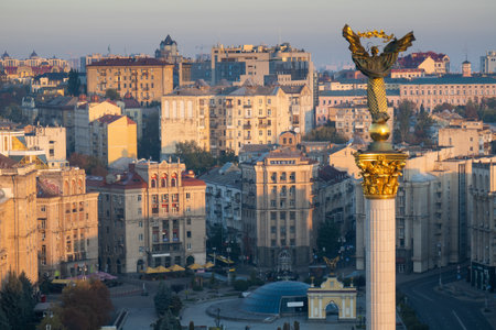 View over Maidan Square at sunset, Kyiv, Ukraineの写真素材