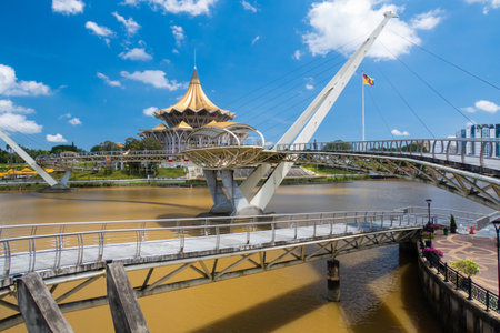 Sarawak Legislative Assembly and Darul Hana Bridge in Kuchingの写真素材