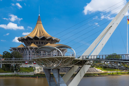 Sarawak Legislative Assembly and Darul Hana Bridge in Kuchingの写真素材