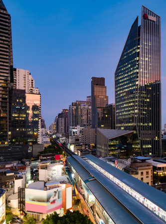 View over BTS metro rail line and Sukhumvit district, Bangkokの写真素材
