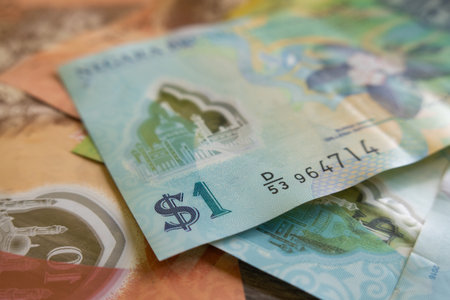 Examples of Brunei dollar notes, equivalent to Singapore dollarsの写真素材