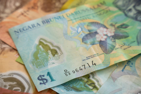 Examples of Brunei dollar notes, equivalent to Singapore dollarsの写真素材