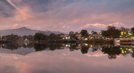 Fewa Lake with Pokhara and the Annapurna Rangeの写真素材
