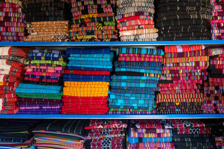 Brightly colored woven cloth at Tais market, Diliの写真素材