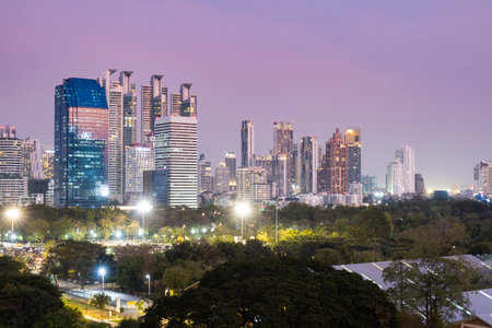 Skyscrapers and skyline of Bangkok above a park