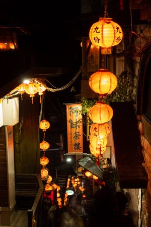 Sign says "Amei Teahouse." Chinese lanterns in Jiufenの写真素材