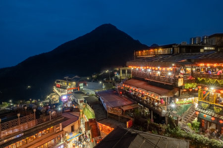View over Amei Teahouse, Jiufen Old Street, Taiwanの写真素材