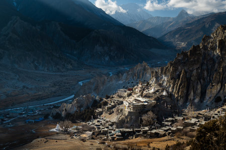 Mountains and Bhraka (Braga) Gompa monastery, Nepalの写真素材