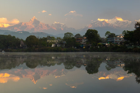 Fewa Lake with Pokhara and the Annapurna Rangeの写真素材