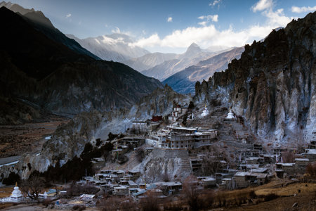 Mountains and Bhraka (Braga) Gompa monastery, Nepalの写真素材