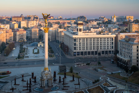 View over Maidan Square at sunset, Kyiv, Ukraineの写真素材