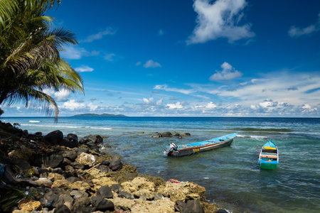 Fishing boats and small ferries at harbor, Banda Besarの写真素材