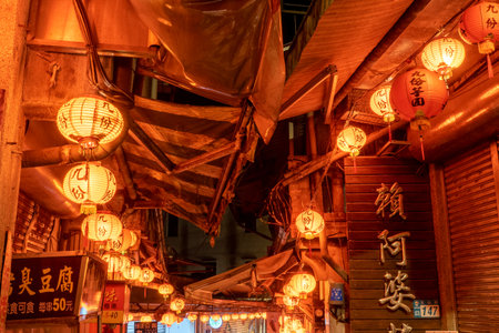 Chinese lanterns along Jiufen Old Street, Taiwanの写真素材
