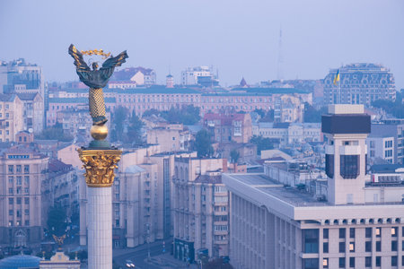 View over Maidan Square at sunset, Kyiv, Ukraineの写真素材