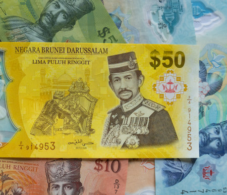 Examples of Brunei dollar notes, equivalent to Singapore dollarsの写真素材