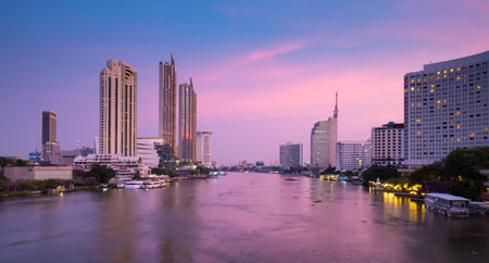 Bangkok skyscrapers and Chao Phraya river at sunriseの写真素材